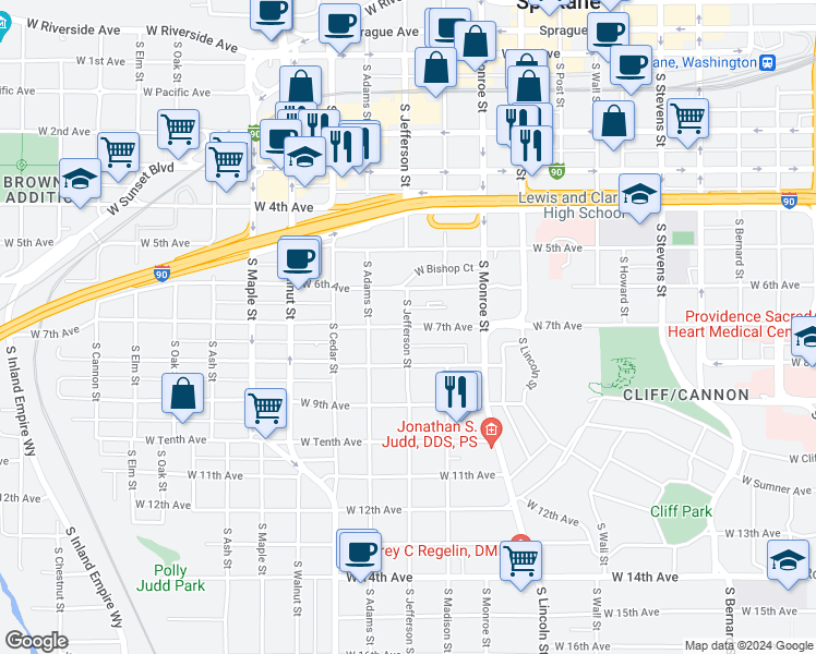map of restaurants, bars, coffee shops, grocery stores, and more near W 7th Ave & S Jefferson St in Spokane