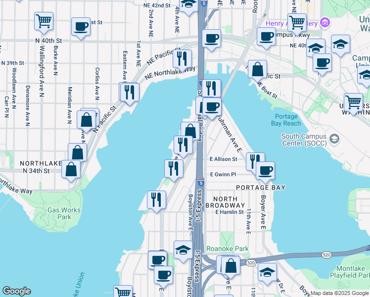 map of restaurants, bars, coffee shops, grocery stores, and more near 3100 Fairview Avenue East in Seattle