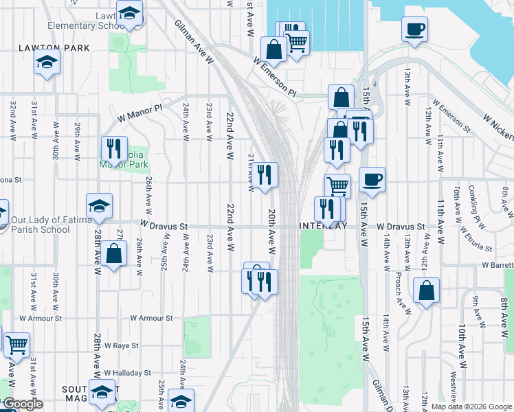 map of restaurants, bars, coffee shops, grocery stores, and more near 3217 21st Avenue West in Seattle