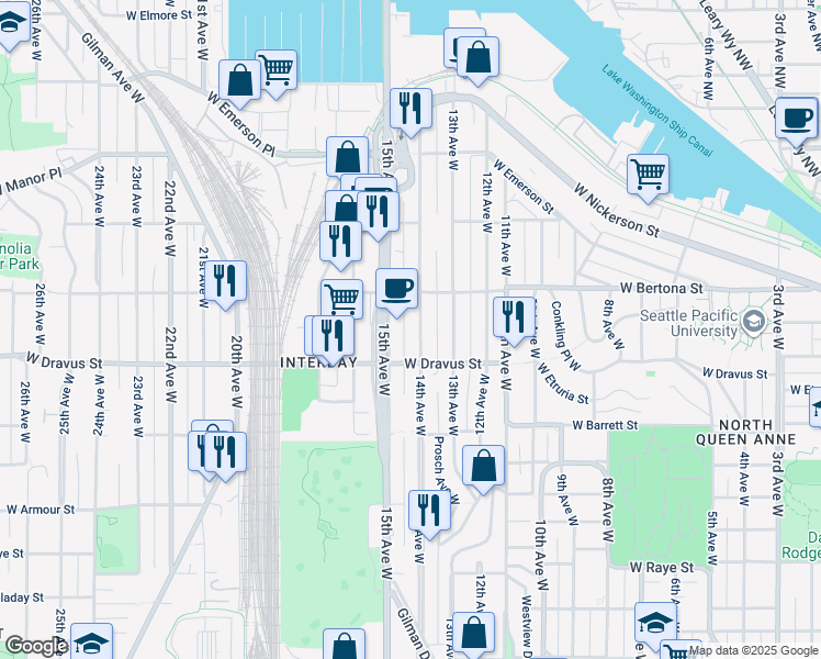 map of restaurants, bars, coffee shops, grocery stores, and more near 3218-1/2 15th Avenue West in Seattle
