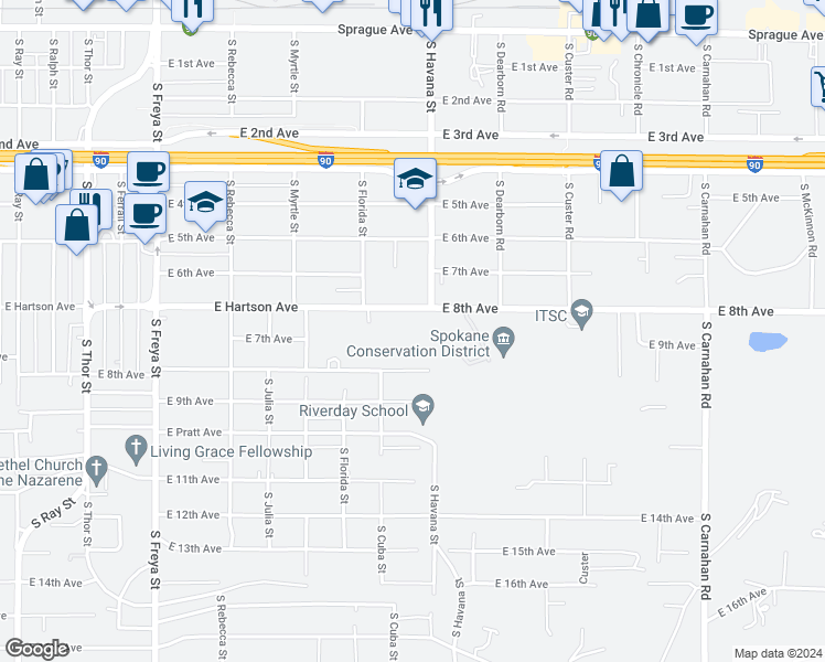 map of restaurants, bars, coffee shops, grocery stores, and more near 4240 East Hartson Avenue in Spokane