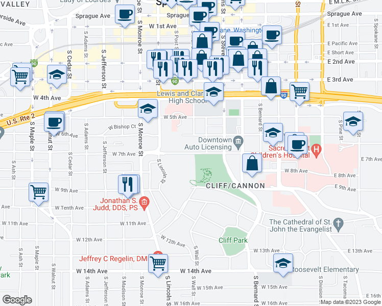 map of restaurants, bars, coffee shops, grocery stores, and more near 707 West 7th Avenue in Spokane