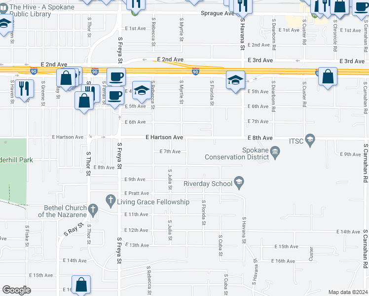 map of restaurants, bars, coffee shops, grocery stores, and more near 3922 East Hartson Avenue in Spokane
