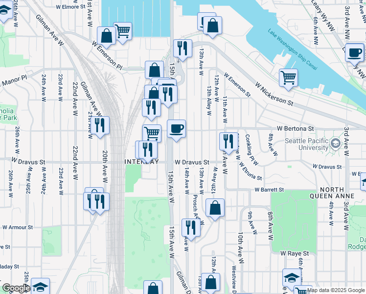 map of restaurants, bars, coffee shops, grocery stores, and more near 3218-1/2 15th Avenue West in Seattle