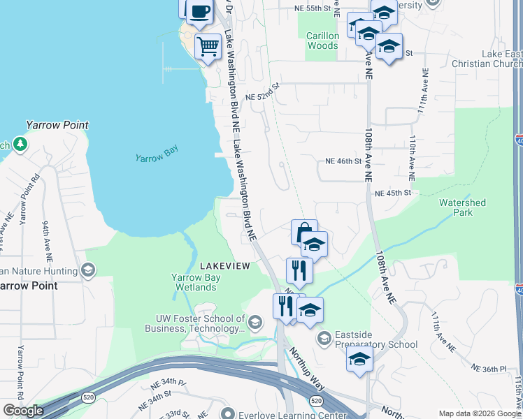 map of restaurants, bars, coffee shops, grocery stores, and more near 4408 102nd Court Northeast in Kirkland