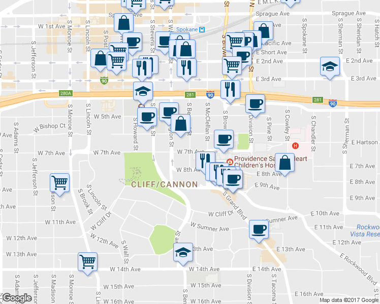map of restaurants, bars, coffee shops, grocery stores, and more near S Bernard St & W 7th Ave in Spokane