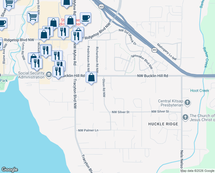 map of restaurants, bars, coffee shops, grocery stores, and more near 1579 Northwest Bucklin Hill Road in Bremerton