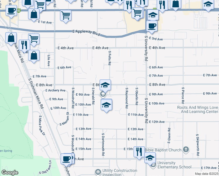 map of restaurants, bars, coffee shops, grocery stores, and more near 10211 East 9th Avenue in Spokane Valley