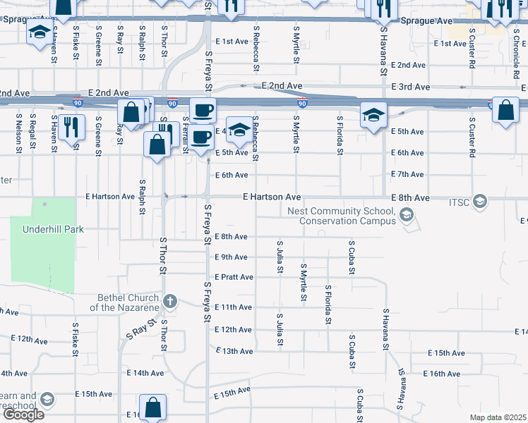 map of restaurants, bars, coffee shops, grocery stores, and more near 3814 East 7th Avenue in Spokane