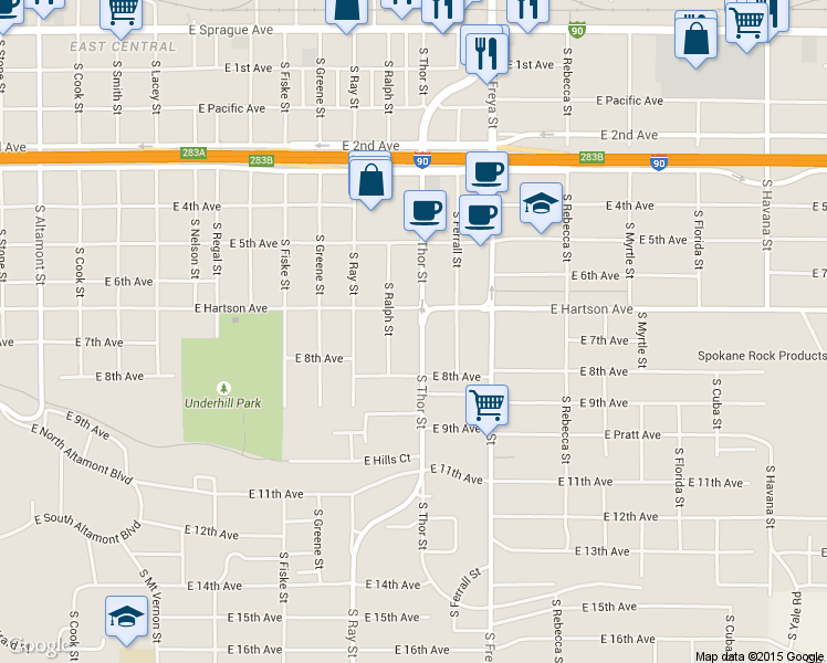 map of restaurants, bars, coffee shops, grocery stores, and more near 703 South Thor Street in Spokane