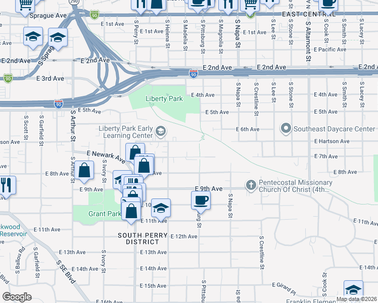 map of restaurants, bars, coffee shops, grocery stores, and more near 1708 East 7th Avenue in Spokane
