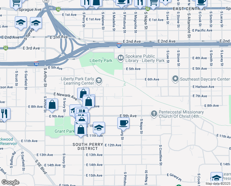 map of restaurants, bars, coffee shops, grocery stores, and more near 1708 East 7th Avenue in Spokane