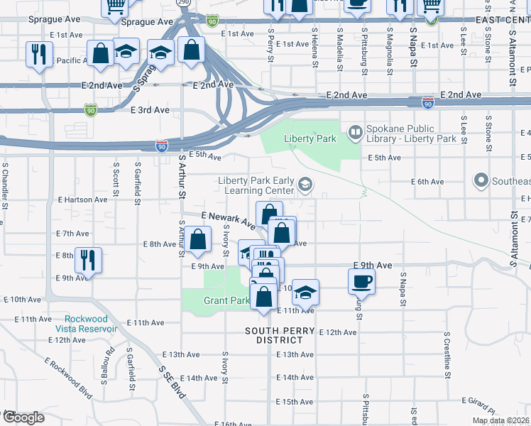 map of restaurants, bars, coffee shops, grocery stores, and more near 668 South Perry Street in Spokane