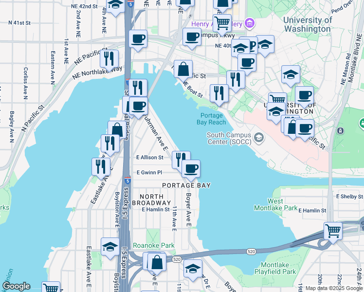map of restaurants, bars, coffee shops, grocery stores, and more near 3100 Portage Bay Place East in Seattle