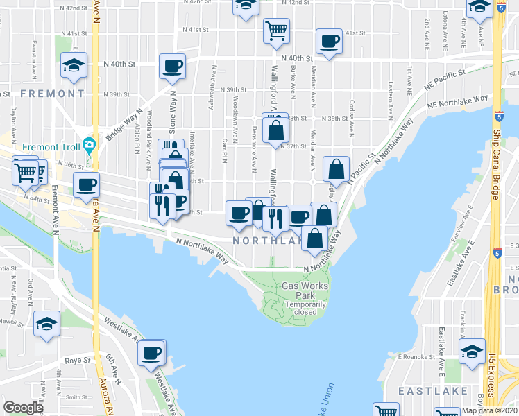 map of restaurants, bars, coffee shops, grocery stores, and more near 1709 North 35th Street in Seattle