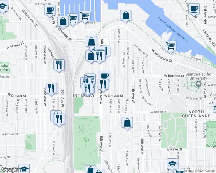 map of restaurants, bars, coffee shops, grocery stores, and more near 3218-1/2 15th Avenue West in Seattle