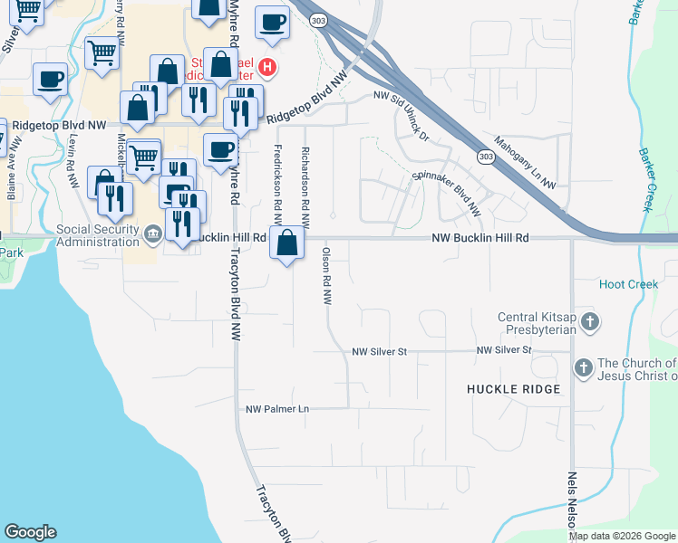 map of restaurants, bars, coffee shops, grocery stores, and more near 1579 Northwest Bucklin Hill Road in Bremerton