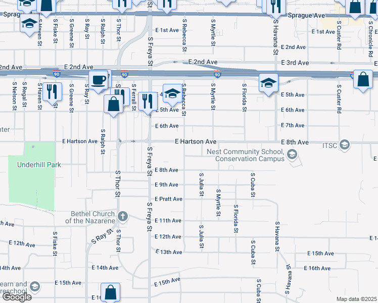 map of restaurants, bars, coffee shops, grocery stores, and more near 3814 East 7th Avenue in Spokane