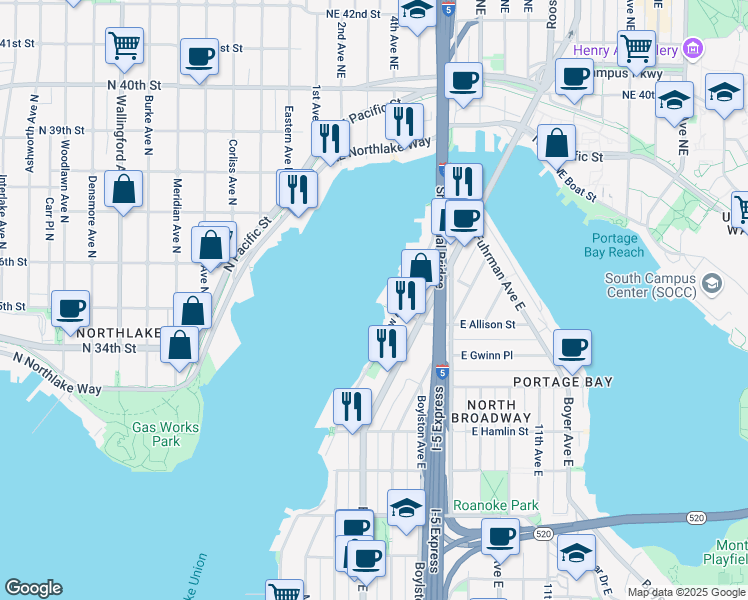 map of restaurants, bars, coffee shops, grocery stores, and more near 11 East Allison Street in Seattle