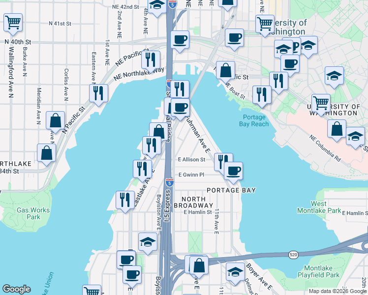 map of restaurants, bars, coffee shops, grocery stores, and more near 902 East Allison Street in Seattle