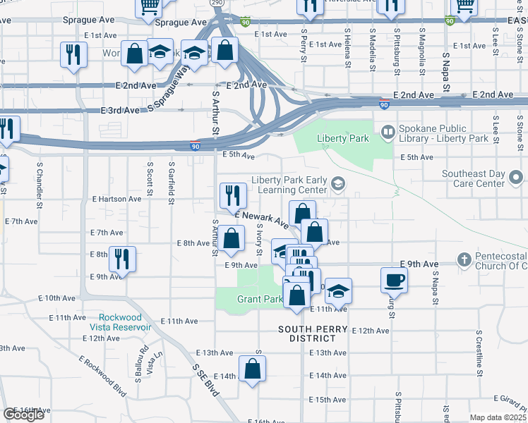 map of restaurants, bars, coffee shops, grocery stores, and more near 1201 East Newark Avenue in Spokane