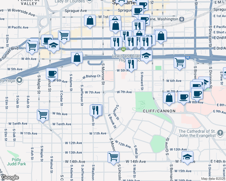 map of restaurants, bars, coffee shops, grocery stores, and more near 705 South Lincoln Street in Spokane