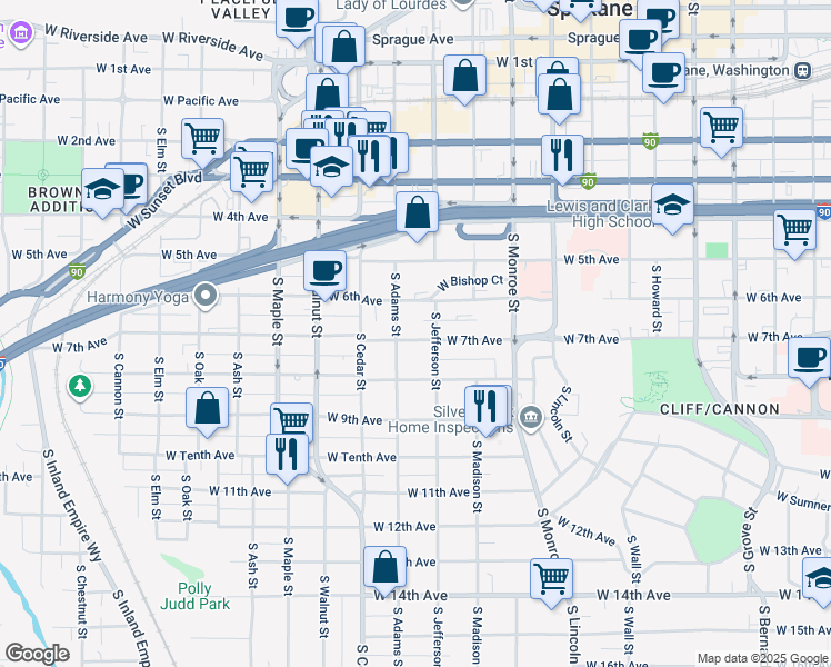 map of restaurants, bars, coffee shops, grocery stores, and more near 705 South Adams Street in Spokane