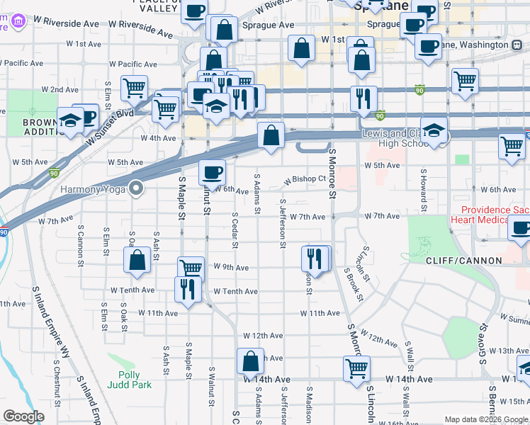 map of restaurants, bars, coffee shops, grocery stores, and more near 705 South Adams Street in Spokane