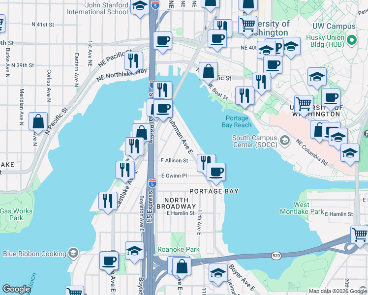 map of restaurants, bars, coffee shops, grocery stores, and more near 934 East Allison Street in Seattle