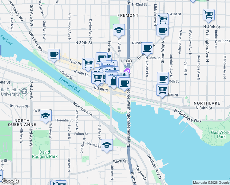 map of restaurants, bars, coffee shops, grocery stores, and more near 730 North 34th Street in Seattle
