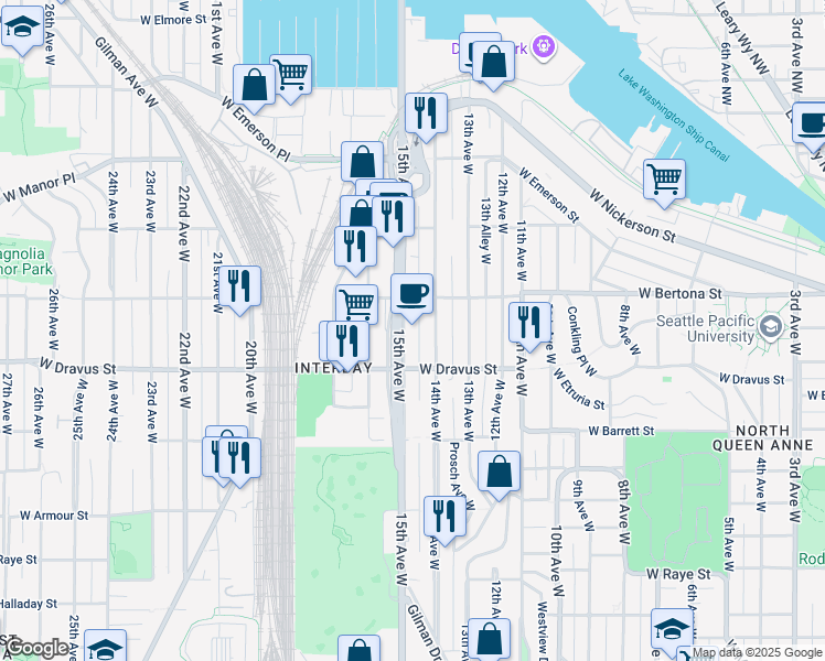 map of restaurants, bars, coffee shops, grocery stores, and more near 3218-1/2 15th Avenue West in Seattle