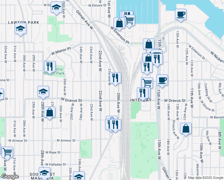 map of restaurants, bars, coffee shops, grocery stores, and more near 3217 21st Avenue West in Seattle