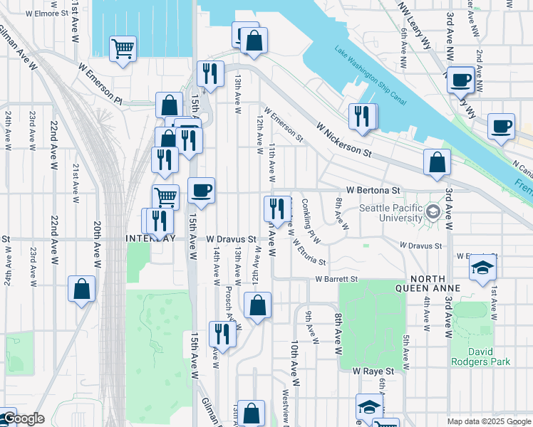 map of restaurants, bars, coffee shops, grocery stores, and more near 3232 12th Avenue West in Seattle