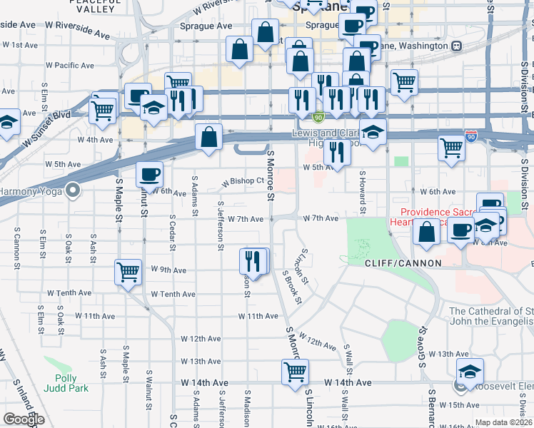 map of restaurants, bars, coffee shops, grocery stores, and more near 716 South Lincoln Place in Spokane