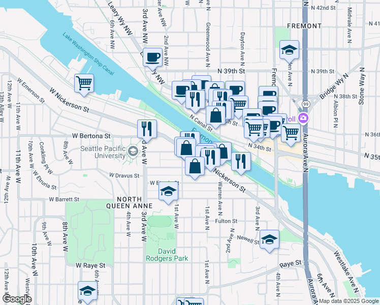 map of restaurants, bars, coffee shops, grocery stores, and more near 6 Nickerson Street in Seattle