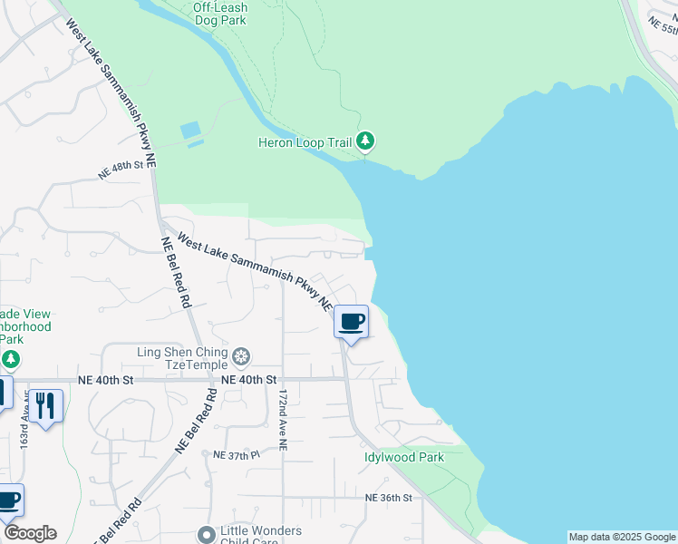 map of restaurants, bars, coffee shops, grocery stores, and more near 4250 West Lake Sammamish Parkway Northeast in Redmond