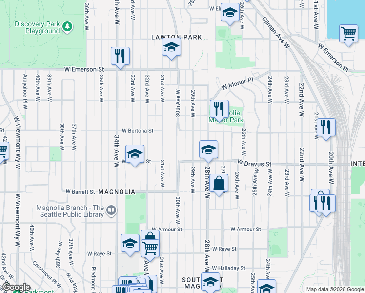 map of restaurants, bars, coffee shops, grocery stores, and more near 3206 30th Avenue West in Seattle