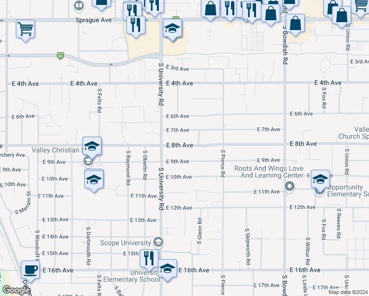 map of restaurants, bars, coffee shops, grocery stores, and more near 10820 East 8th Avenue in Spokane Valley