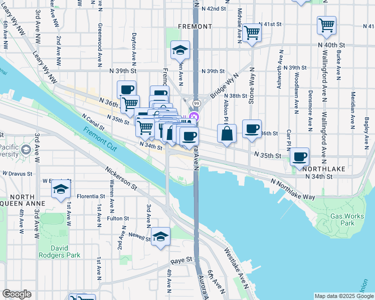map of restaurants, bars, coffee shops, grocery stores, and more near 744 North 34th Street in Seattle