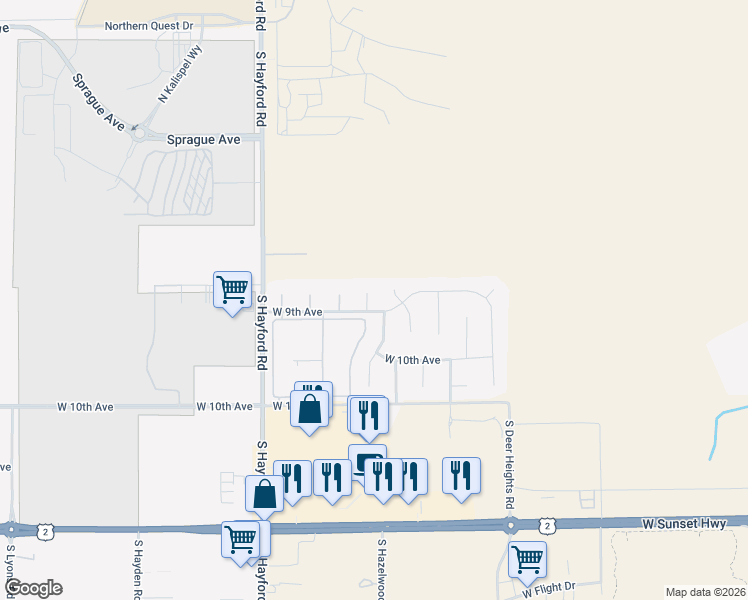 map of restaurants, bars, coffee shops, grocery stores, and more near 904 South Salish Court in Spokane