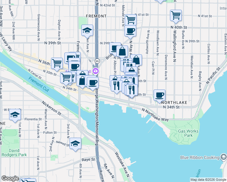 map of restaurants, bars, coffee shops, grocery stores, and more near 957 North 35th Street in Seattle