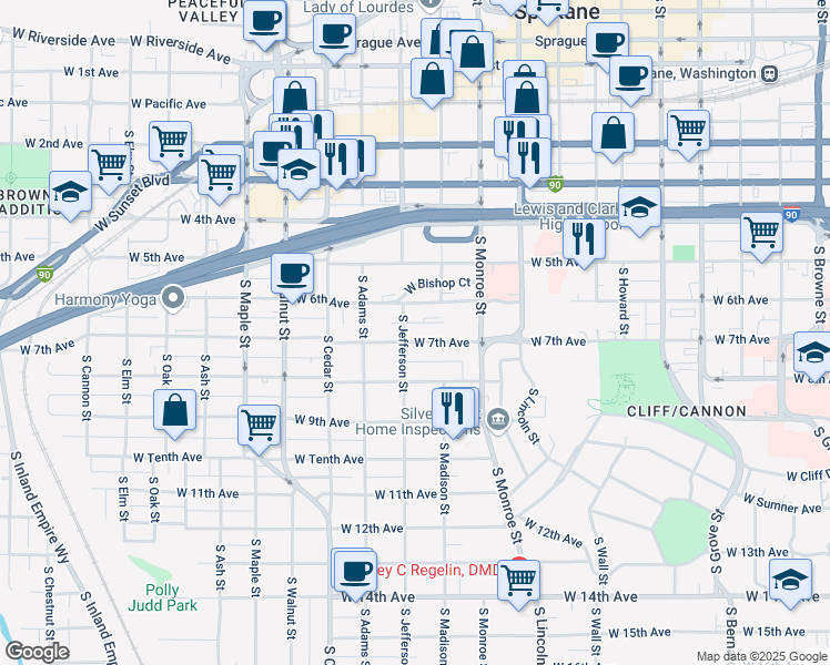 map of restaurants, bars, coffee shops, grocery stores, and more near 1128 West 7th Avenue in Spokane
