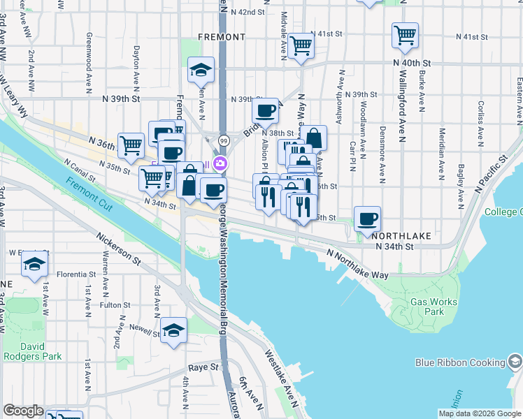 map of restaurants, bars, coffee shops, grocery stores, and more near 1050 North 34th Street in Seattle