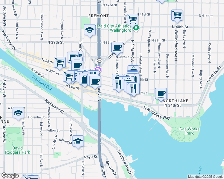 map of restaurants, bars, coffee shops, grocery stores, and more near 920 J.P. Patches Place in Seattle