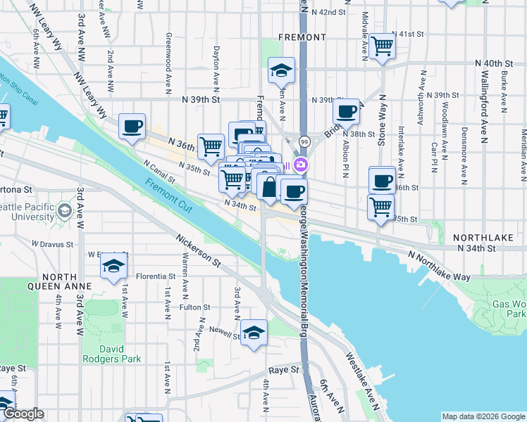 map of restaurants, bars, coffee shops, grocery stores, and more near Fremont Ave N & N 34th St in Seattle