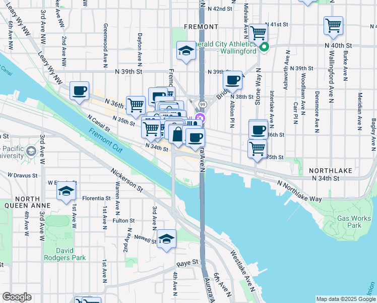 map of restaurants, bars, coffee shops, grocery stores, and more near 730 North 34th Street in Seattle