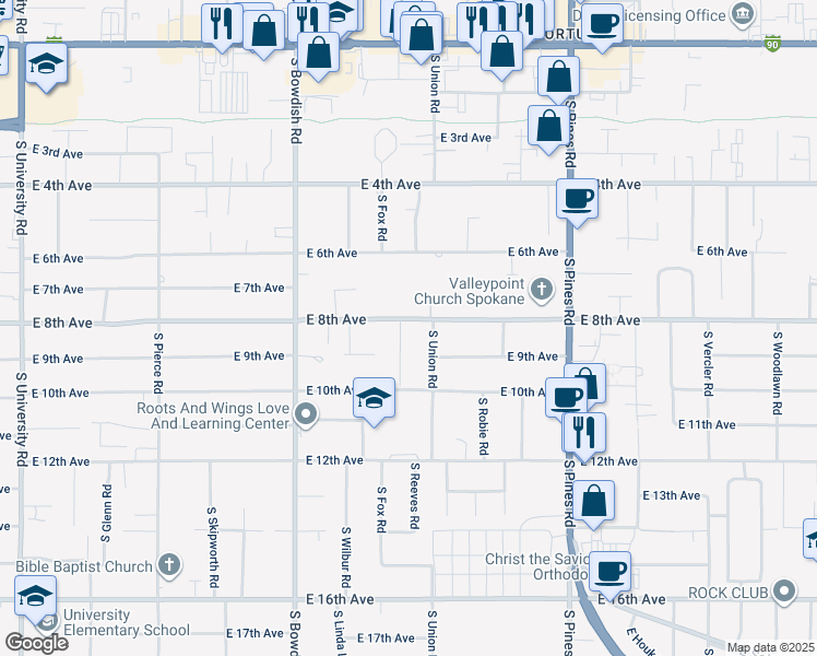 map of restaurants, bars, coffee shops, grocery stores, and more near 829 South Fox Lane in Spokane Valley