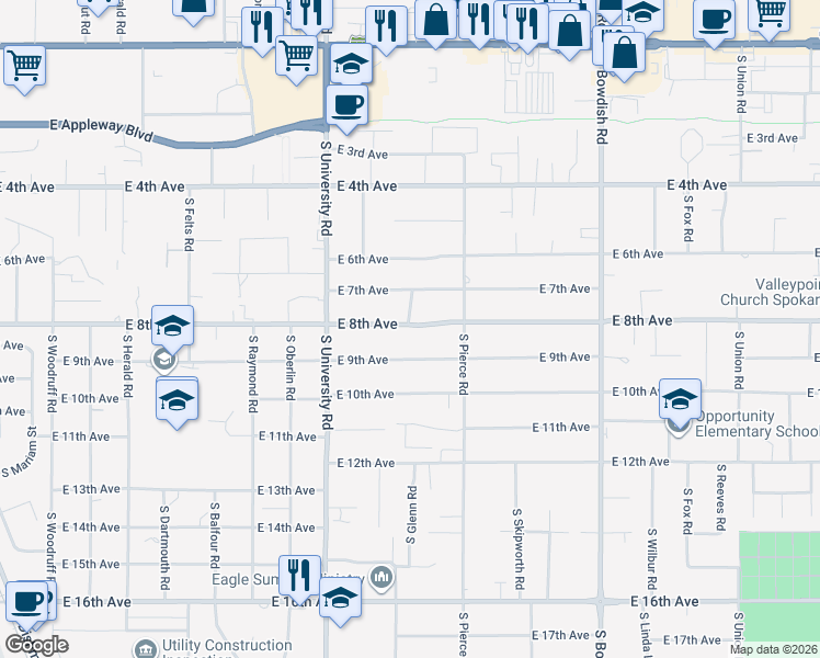map of restaurants, bars, coffee shops, grocery stores, and more near in Spokane