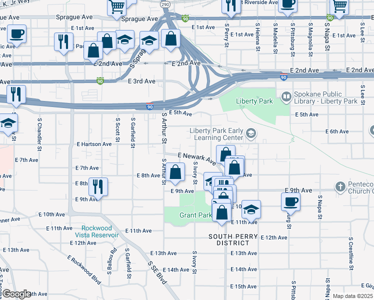 map of restaurants, bars, coffee shops, grocery stores, and more near in Spokane