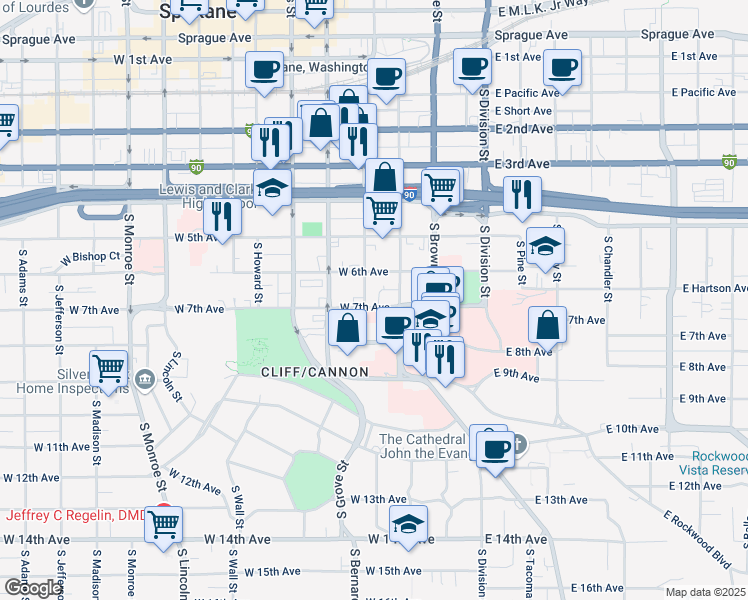 map of restaurants, bars, coffee shops, grocery stores, and more near 707 South Bernard Street in Spokane